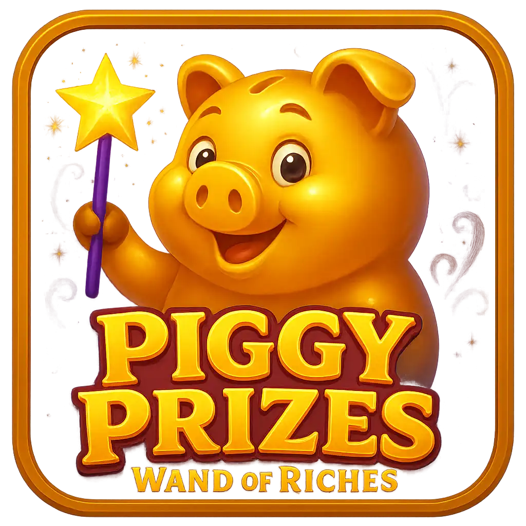 Piggy Prizes Wand of Riches slot game tile with a golden piggy bank