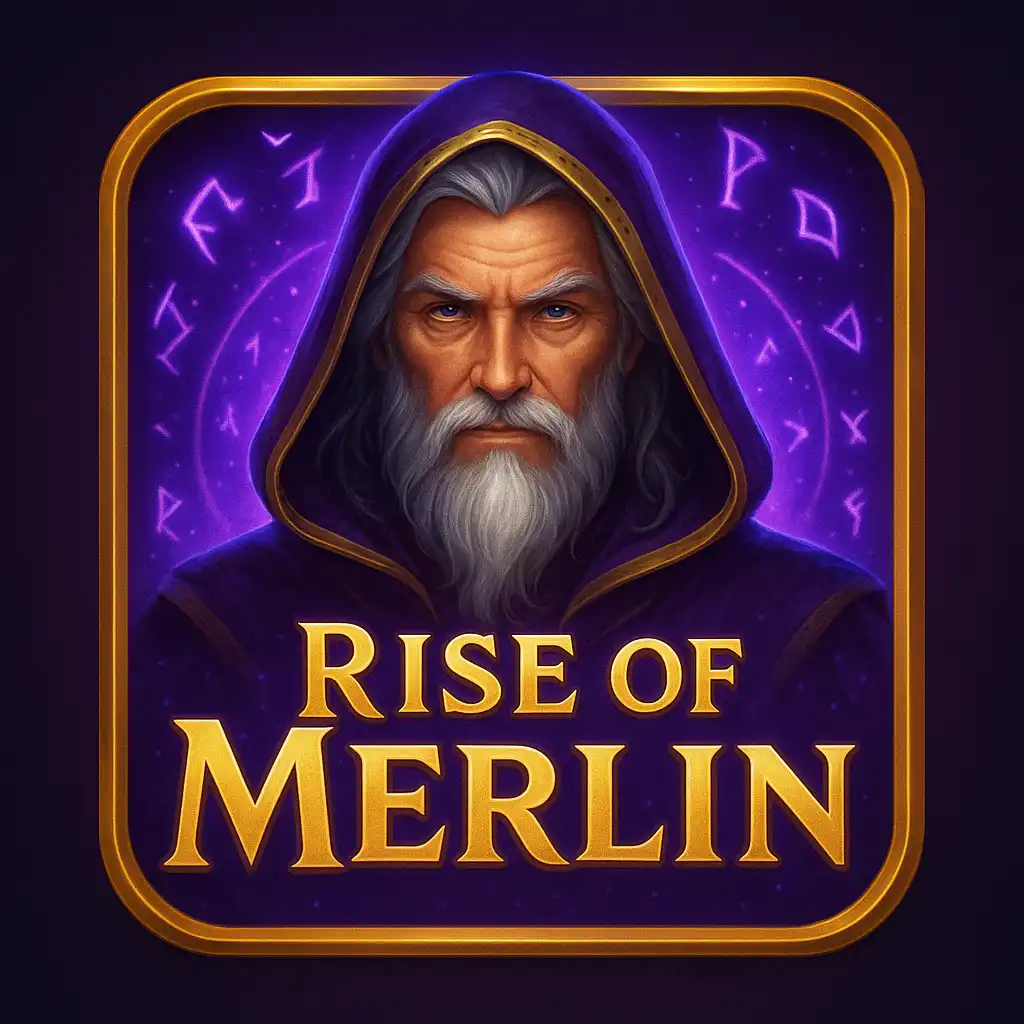 Rise of Merlin slot game tile with a wizard and glowing runes
