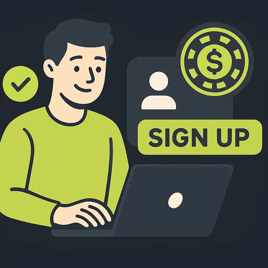 Illustration of a player signing up on a laptop for a casino account