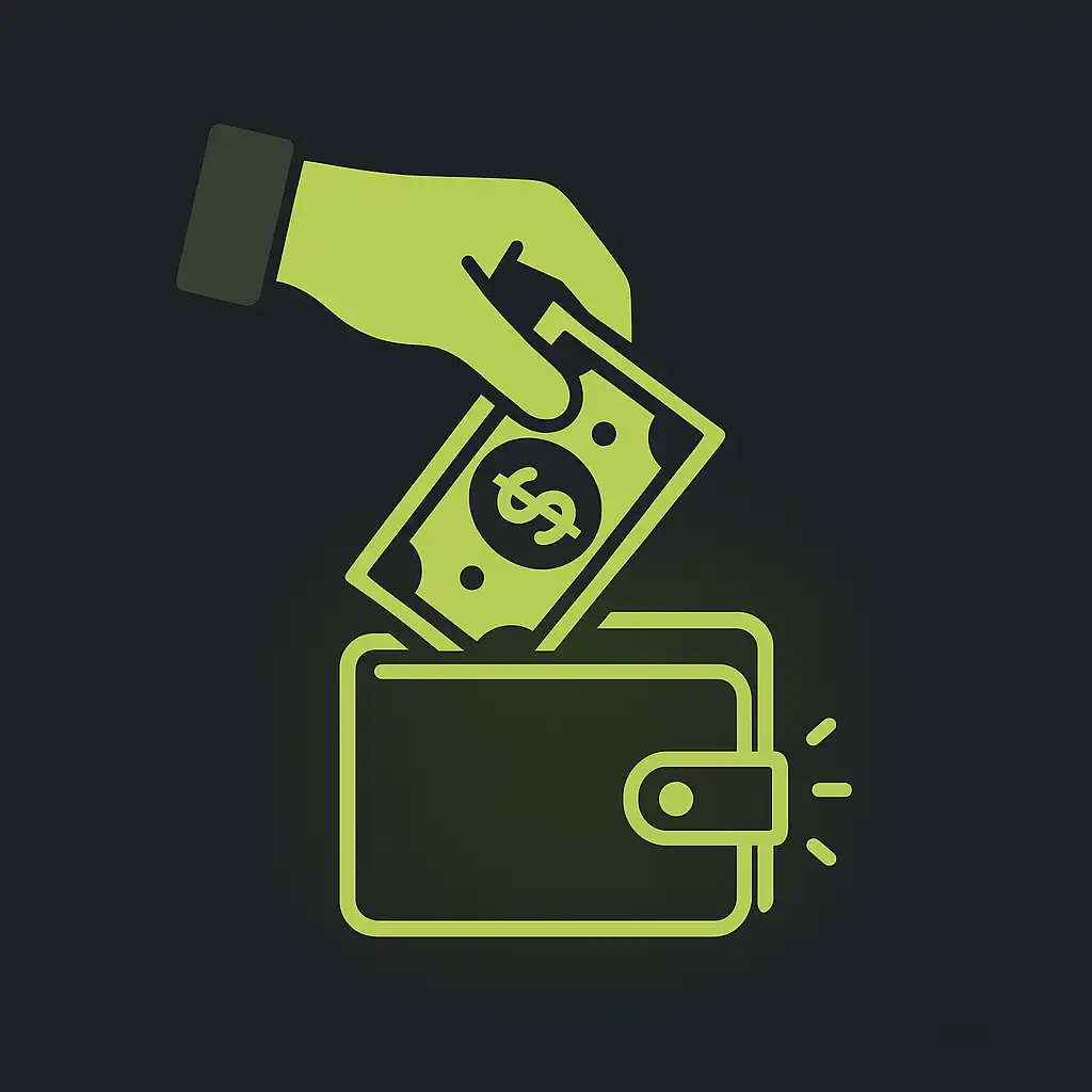 Illustration of a hand depositing cash into a glowing digital wallet